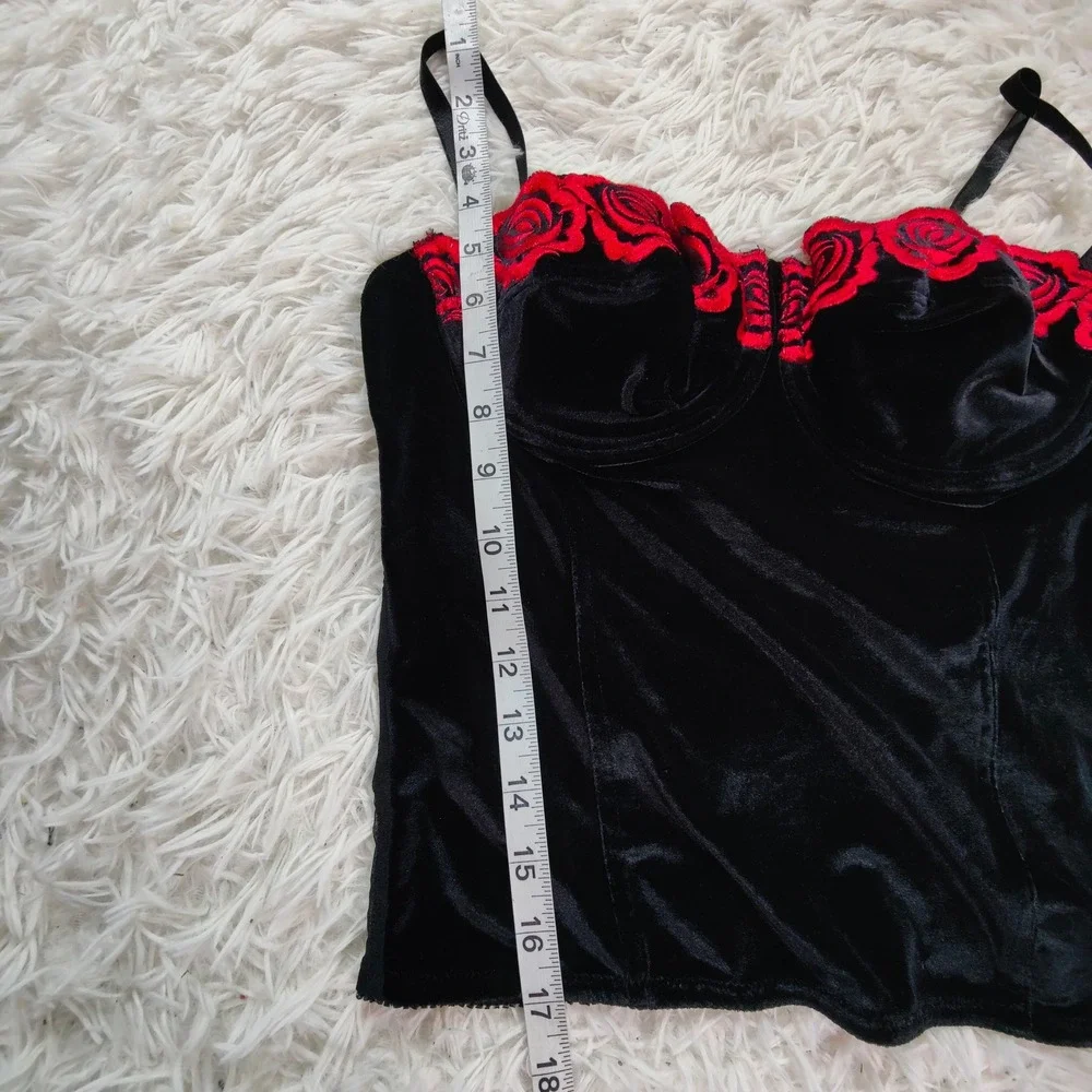 Black Velvet Bustier Corset Top Red‎ Rose Floral Embroidery Vamp Goth Romantic